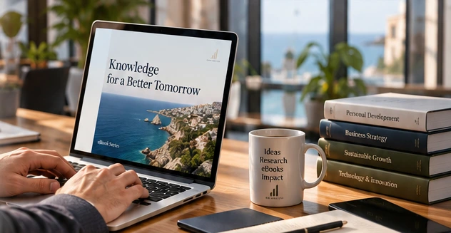 Ενδεικτική εικόνα συγγραφής eBook σε φορητό υπολογιστή, σε μεσογειακό εσωτερικό χώρο με φυσικό φως.